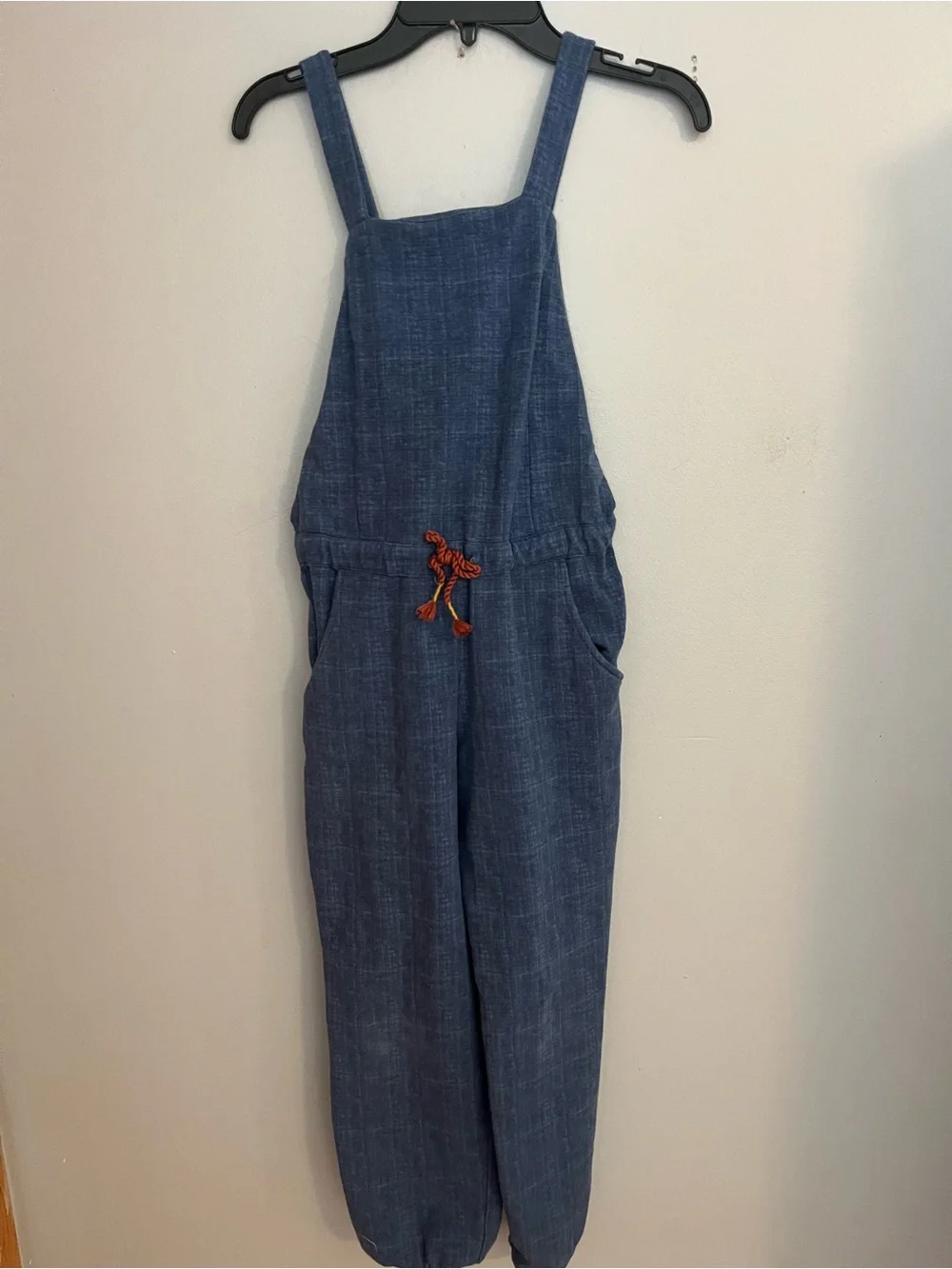 Matilda Jane Blue Denim-Style Overalls Jumpsuit with Orange Tie